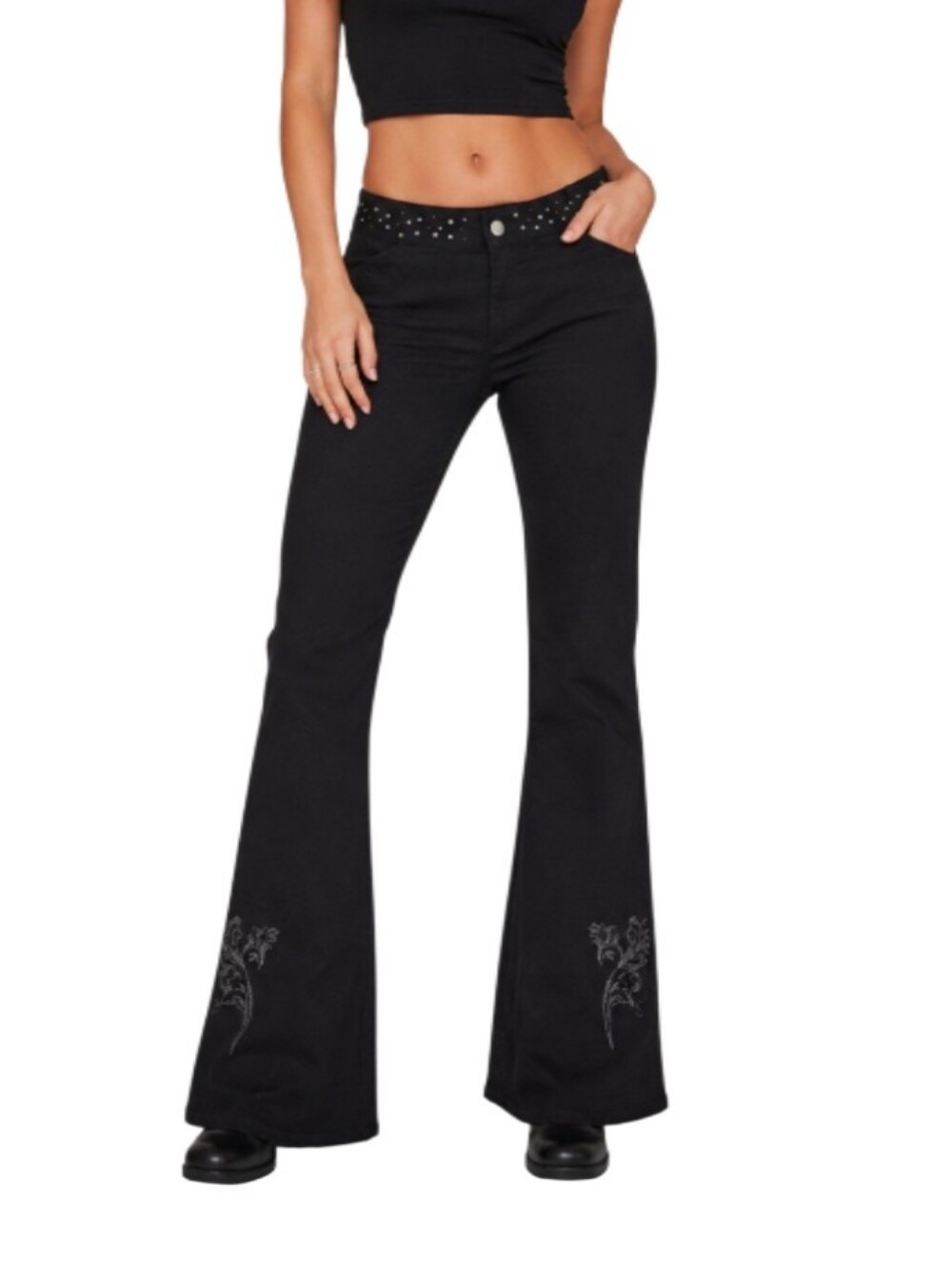 Harley-Davidson Embellished Low-Rise Black Studded Bootcut Black Y2k Pants